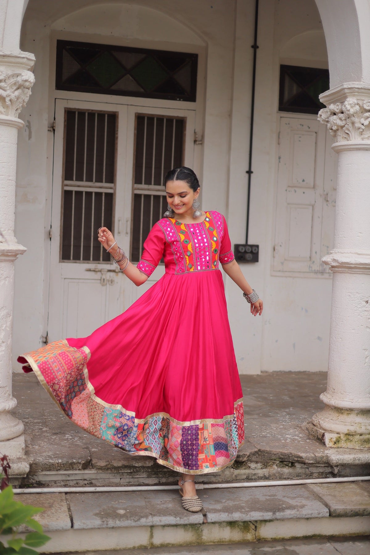 Lorenvalley Fashion Pink Roman Silk with Thread with mirror work & Maslin Crochet Print Work Gown | Grocsy