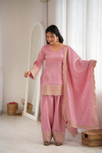 Lorenvalley Fashion Pink Glass Roman Silk with Embroidery Sequence Dori and Jari Work Kurta Farshi Salwar with Dupatta | Grocsy