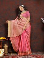 Lorenvalley Fashion Pink Soft Katan Silk Woven Design Zari Weaving Pallu Saree | Grocsy