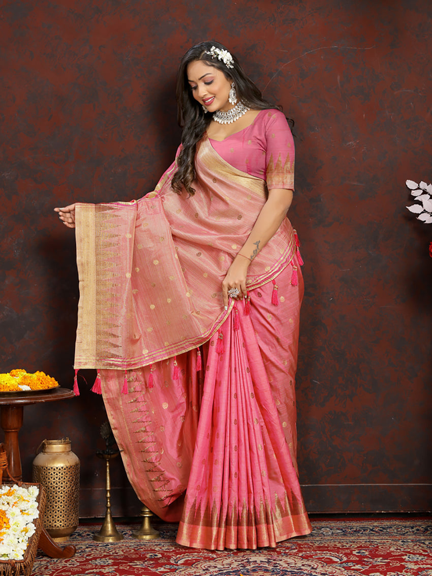 Lorenvalley Fashion Pink Soft Katan Silk Woven Design Zari Weaving Pallu Saree | Grocsy