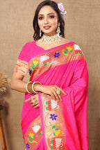 Lorenvalley Fashion Pink Soft Paithani Silk Woven Design Rich Zari Meenakari Weaving Saree | Grocsy