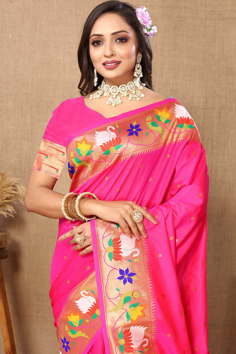 Lorenvalley Fashion Pink Soft Paithani Silk Woven Design Rich Zari Meenakari Weaving Saree | Grocsy