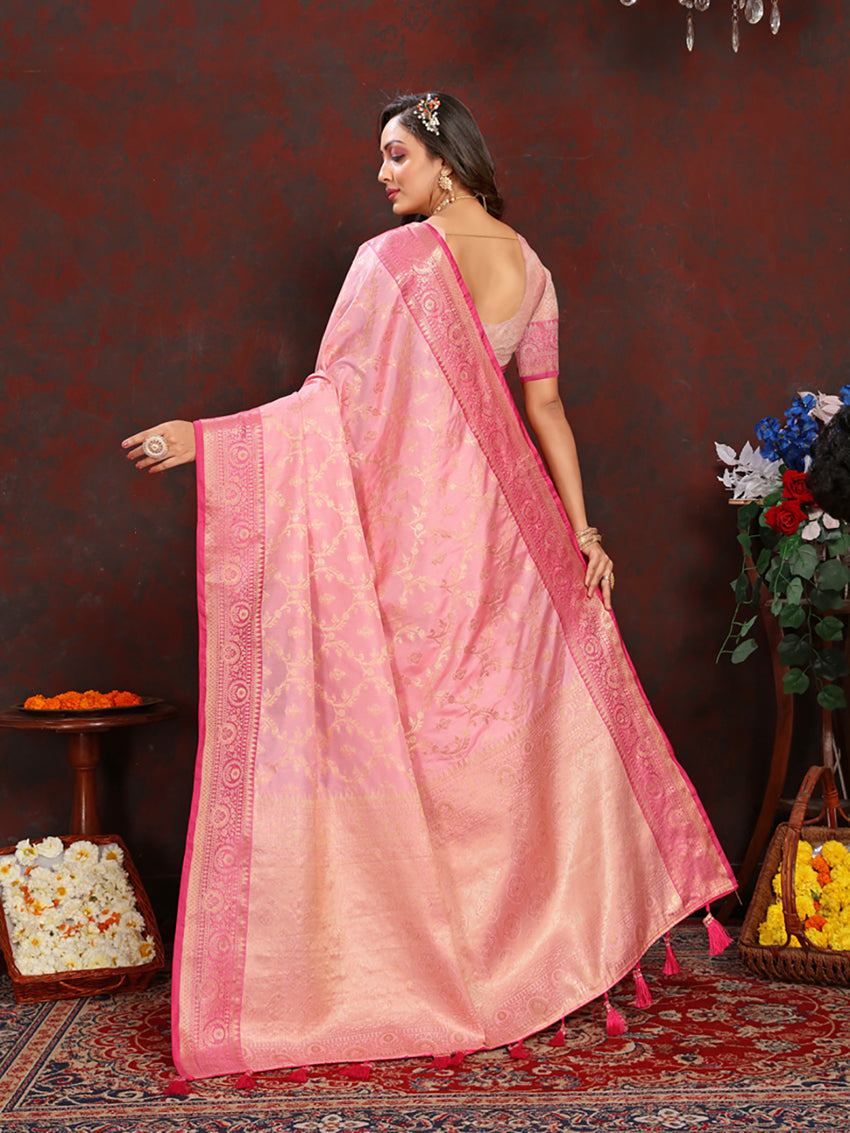 Lorenvalley Fashion Pink Soft Katan Silk Woven Design Zari Weaving Pallu Saree | Grocsy