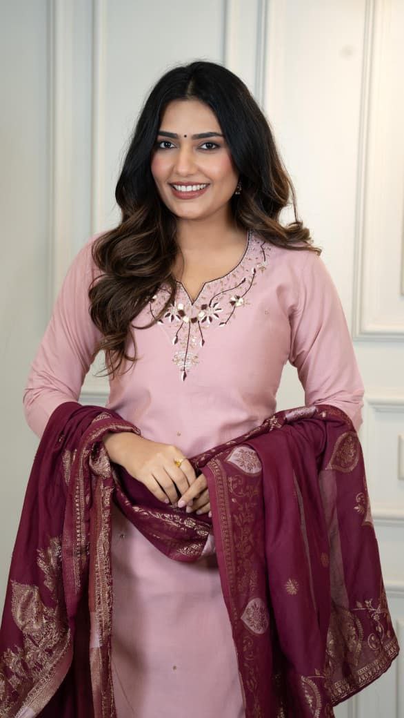Lorenvalley Fashion Pink Roman Silk Hand Work Kurta Pant with Dupatta | Grocsy