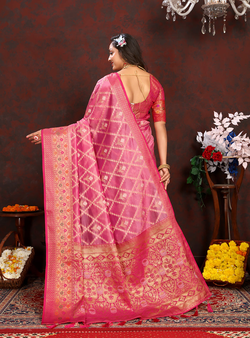 Lorenvalley Fashion Pink Organza Silk Woven Design with Rich Meenakari Weaving Pallu Saree | Grocsy