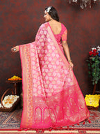 Lorenvalley Fashion Pink Organza Silk Woven Design with Rich Meenakari Weaving Pallu Saree | Grocsy