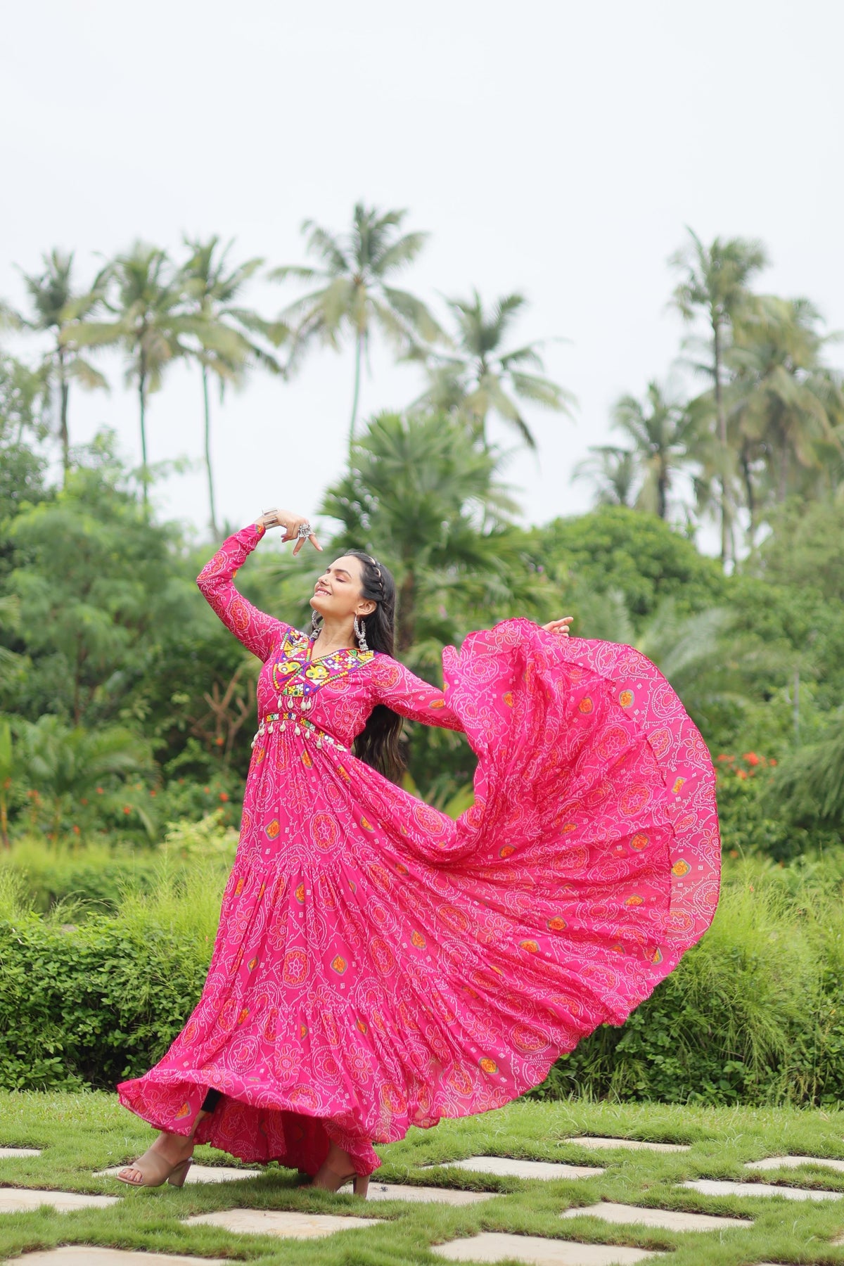Lorenvalley Pink Faux Georgette Bandhani Print Work With Kutchi Patch Work Gown | Grocsy
