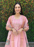 Lorenvalley Fashion Pink Roman Silk Hand Work Kurta Pant with Dupatta | Grocsy