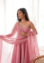 Lorenvalley Fashion Dusty Pink Crunchy Silk Fabric with Swarovski Work Anarkali Pant With Dupatta Set | Grocsy