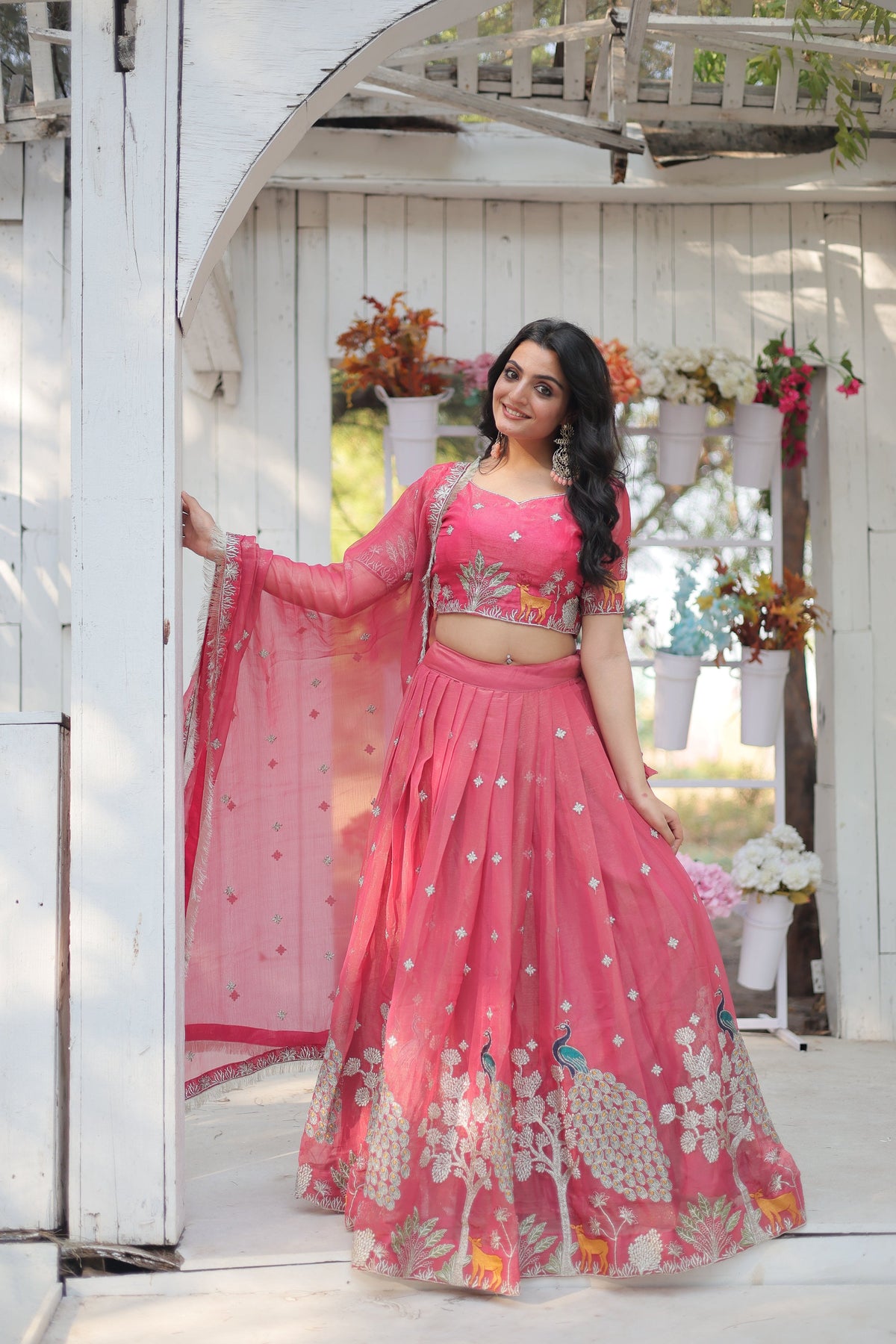 Lorenvalley Pink Gold Coin Fabric with Sequins and Thread Embroidered work Lehenga Choli with Dupatta | Grocsy