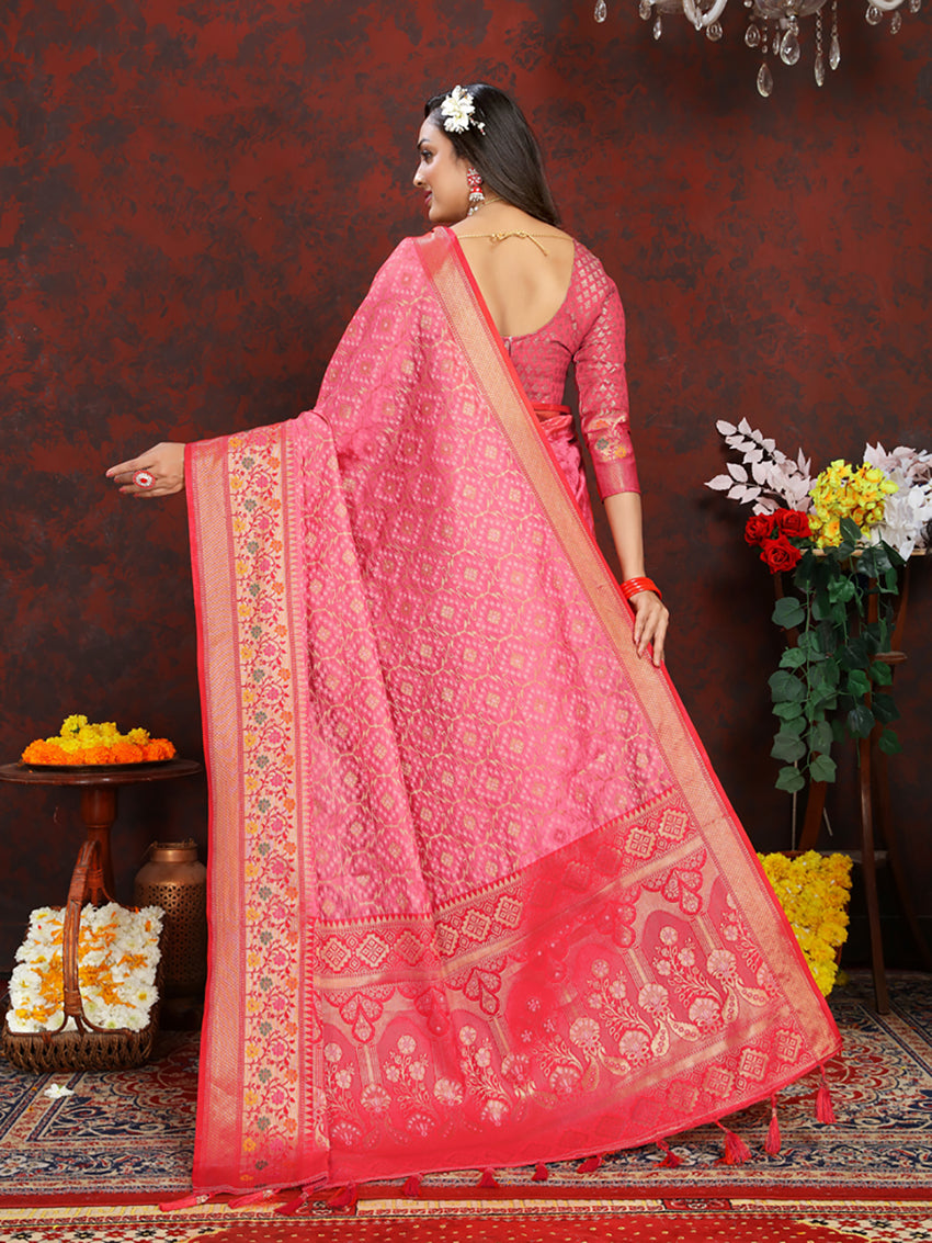 Lorenvalley Fashion Pink Organza Silk Woven Design with Rich Meenakari Weaving Pallu Saree | Grocsy
