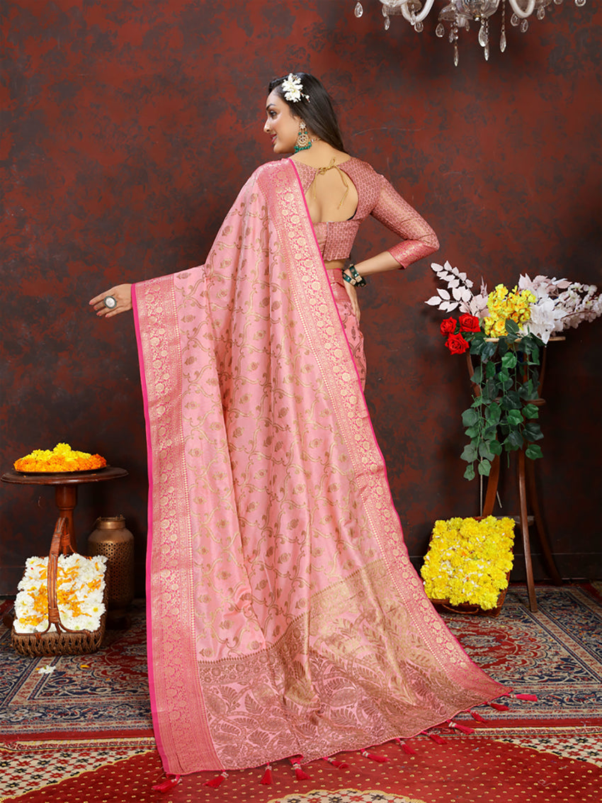 Lorenvalley Fashion Pink Soft Katan Silk Woven Design Rich Zari Weaving Pallu Saree | Grocsy