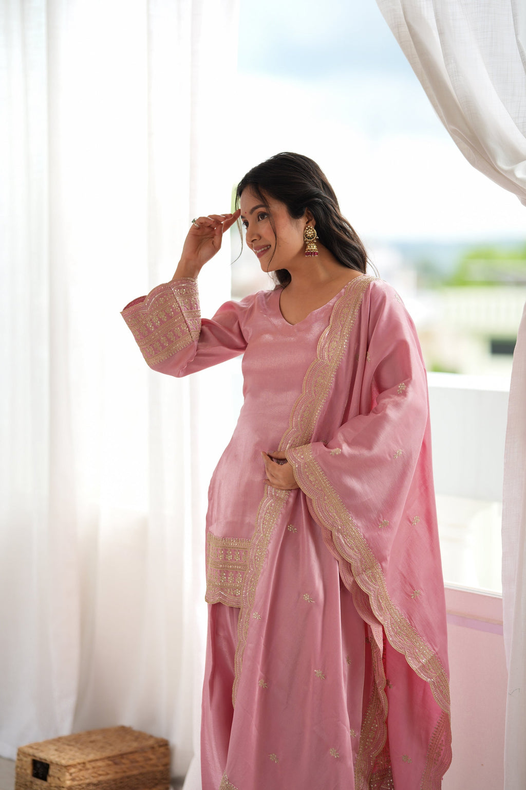 Lorenvalley Fashion Pink Glass Roman Silk with Embroidery Sequence Dori and Jari Work Kurta Farshi Salwar with Dupatta | Grocsy