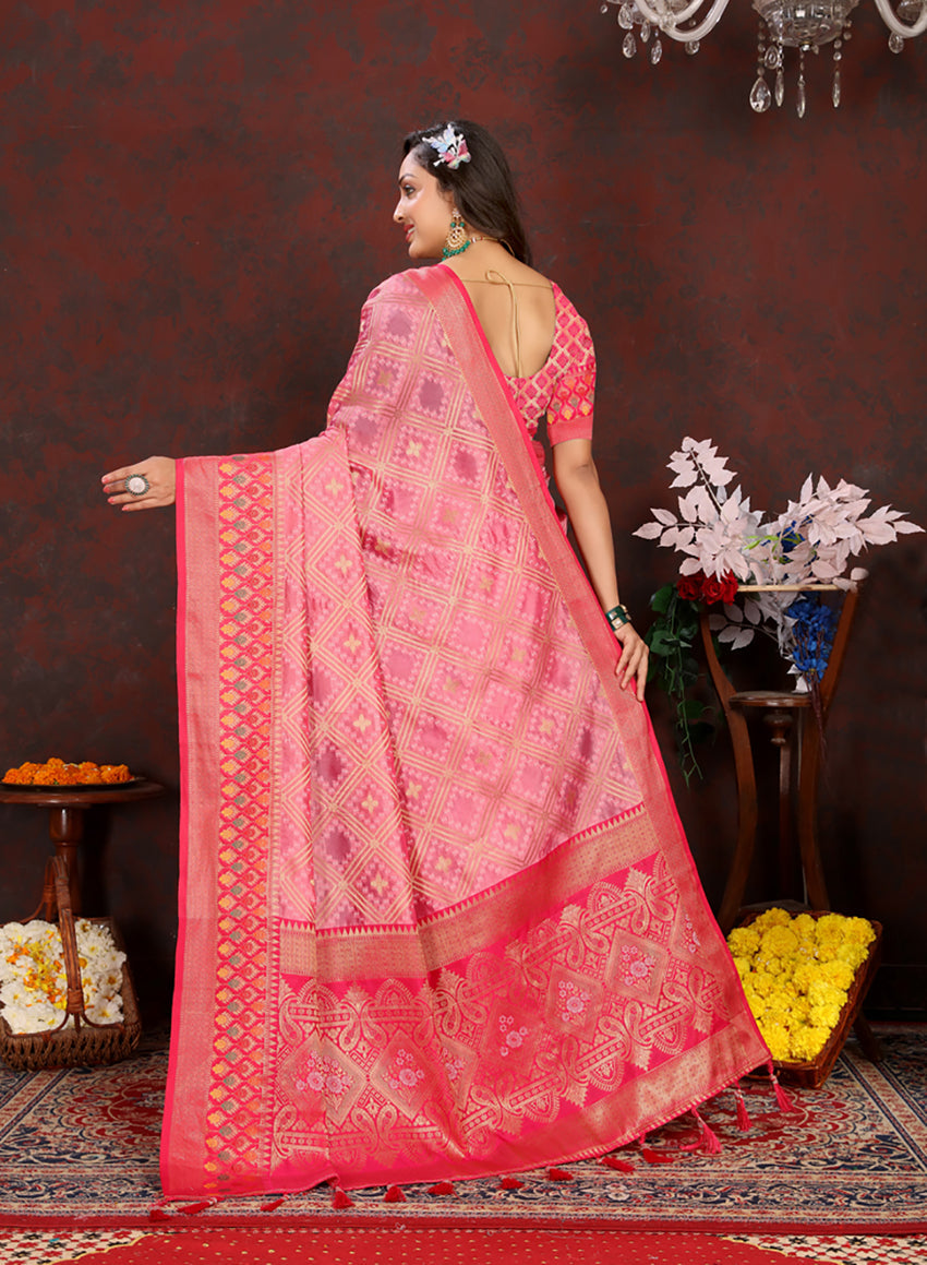 Lorenvalley Fashion Pink Organza Silk Woven Design with Rich Meenakari Weaving Pallu Saree | Grocsy