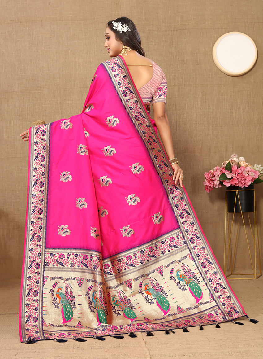 Lorenvalley Fashion Pink Soft Paithani Silk Woven Design Rich Meenakari Zari Weaving Pallu Saree | Grocsy