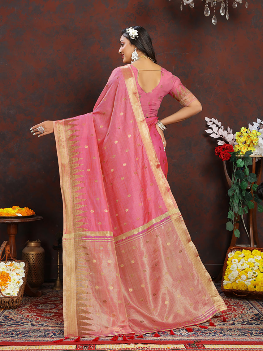 Lorenvalley Fashion Pink Soft Katan Silk Woven Design Zari Weaving Pallu Saree | Grocsy