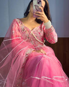 Evanik Pink Net Embroidery work Saree with Moti Hand work Blouse | Grocsy
