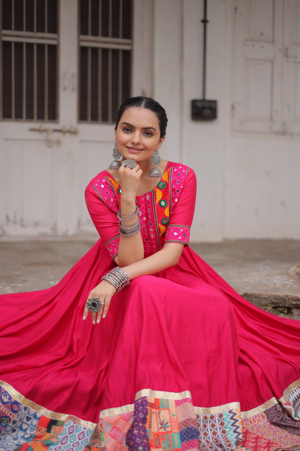 Lorenvalley Fashion Pink Roman Silk with Thread with mirror work & Maslin Crochet Print Work Gown | Grocsy