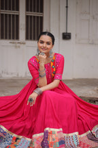 Lorenvalley Fashion Pink Roman Silk with Thread with mirror work & Maslin Crochet Print Work Gown | Grocsy