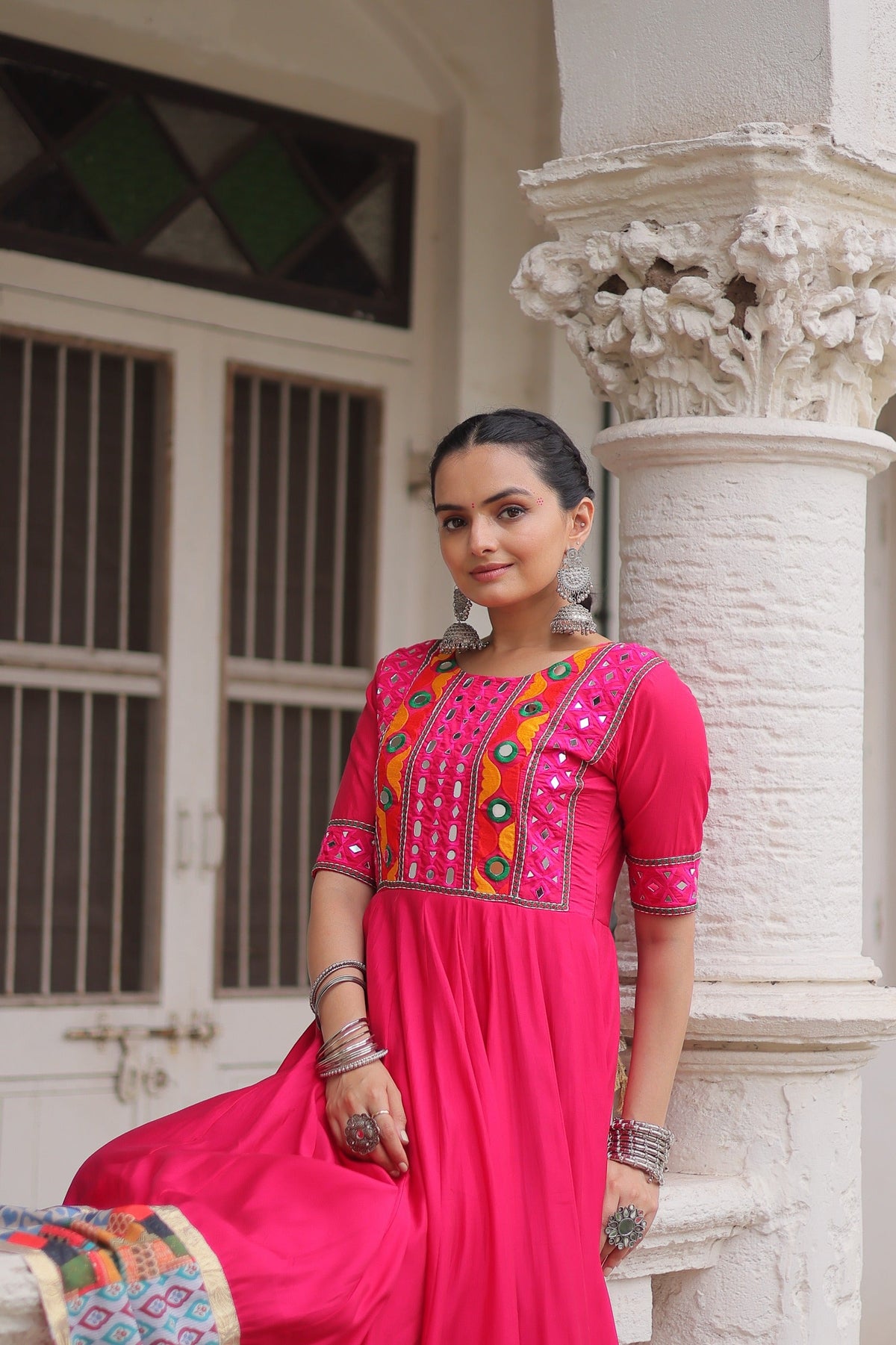 Lorenvalley Fashion Pink Roman Silk with Thread with mirror work & Maslin Crochet Print Work Gown | Grocsy
