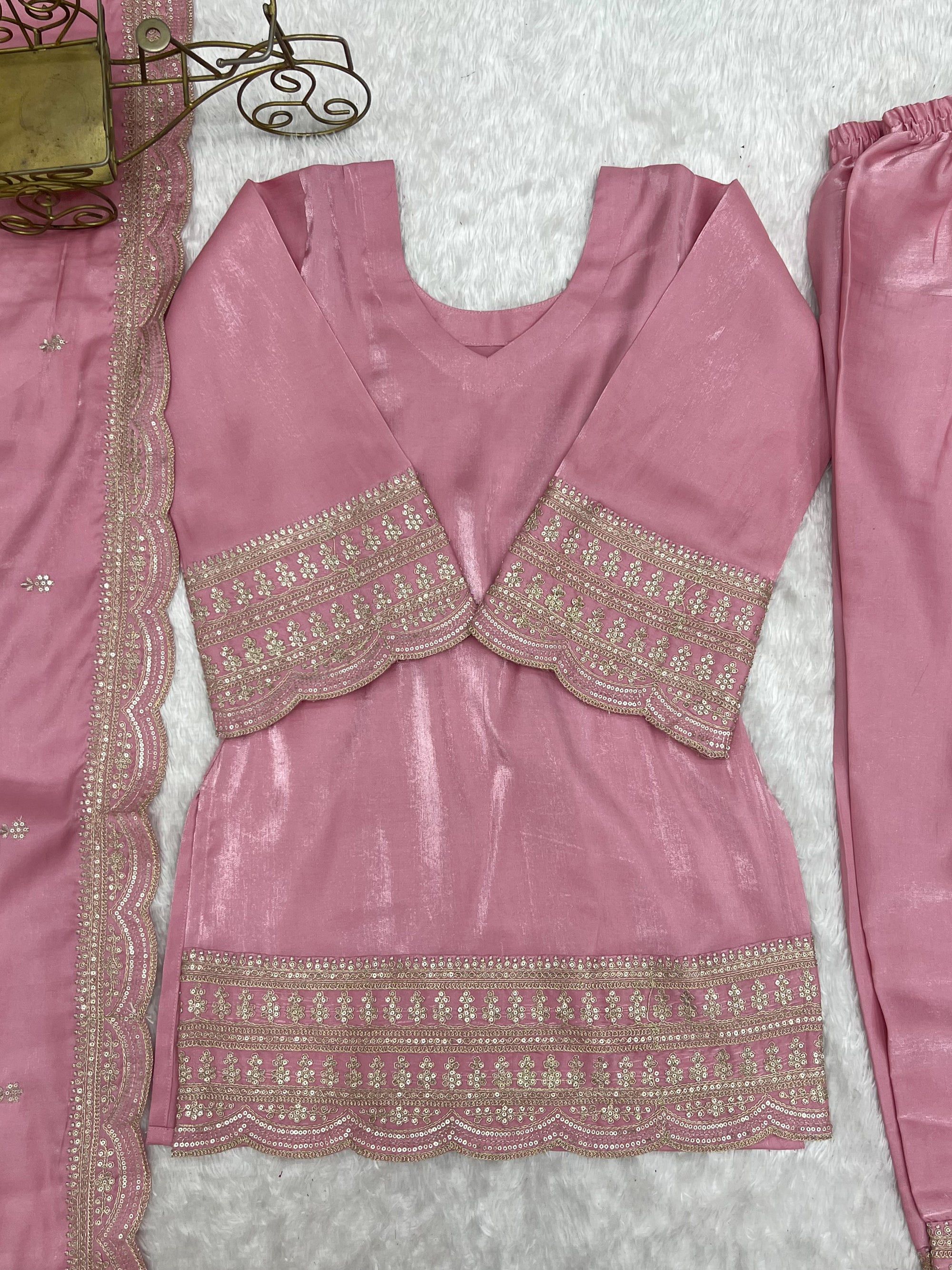 Lorenvalley Fashion Pink Glass Roman Silk with Embroidery Sequence Dori and Jari Work Kurta Farshi Salwar with Dupatta | Grocsy