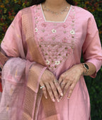 Lorenvalley Fashion Pink Roman Silk Hand Work Kurta Pant with Dupatta | Grocsy
