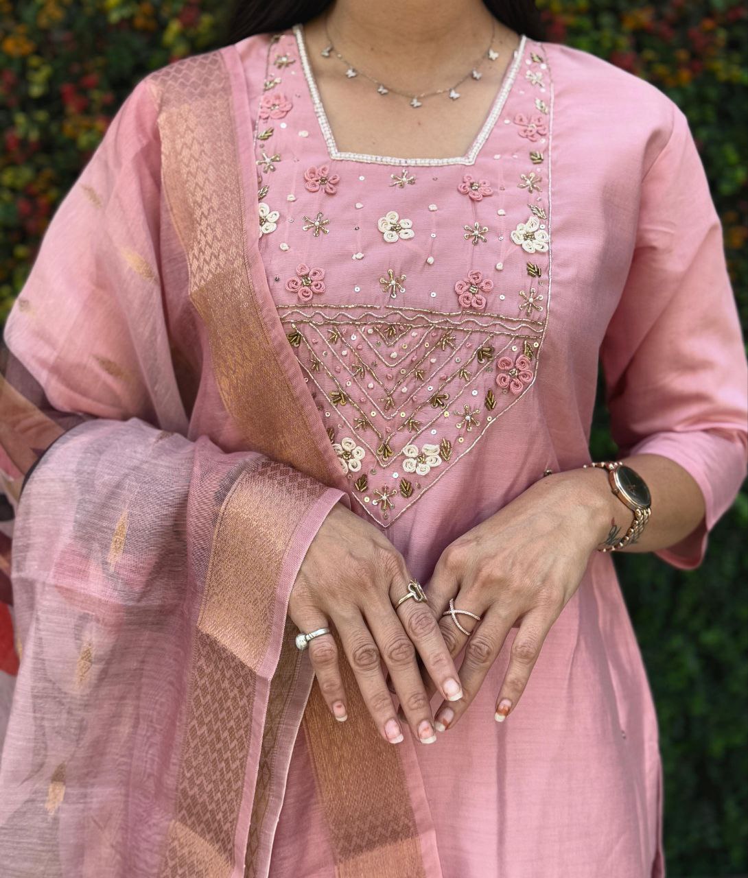 Lorenvalley Fashion Pink Roman Silk Hand Work Kurta Pant with Dupatta | Grocsy