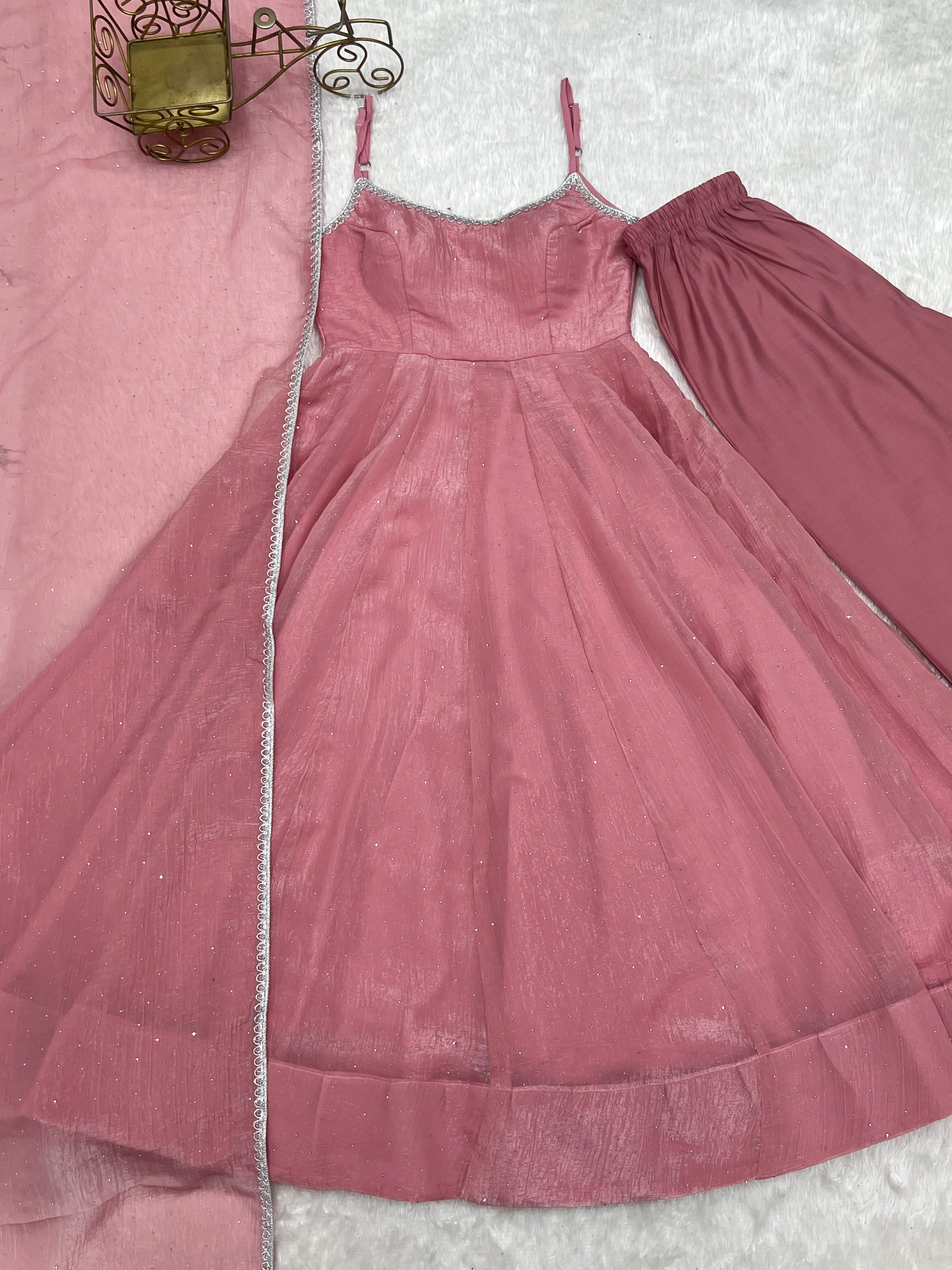 Lorenvalley Fashion Dusty Pink Crunchy Silk Fabric with Swarovski Work Anarkali Pant With Dupatta Set | Grocsy