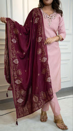 Lorenvalley Fashion Pink Roman Silk Hand Work Kurta Pant with Dupatta | Grocsy