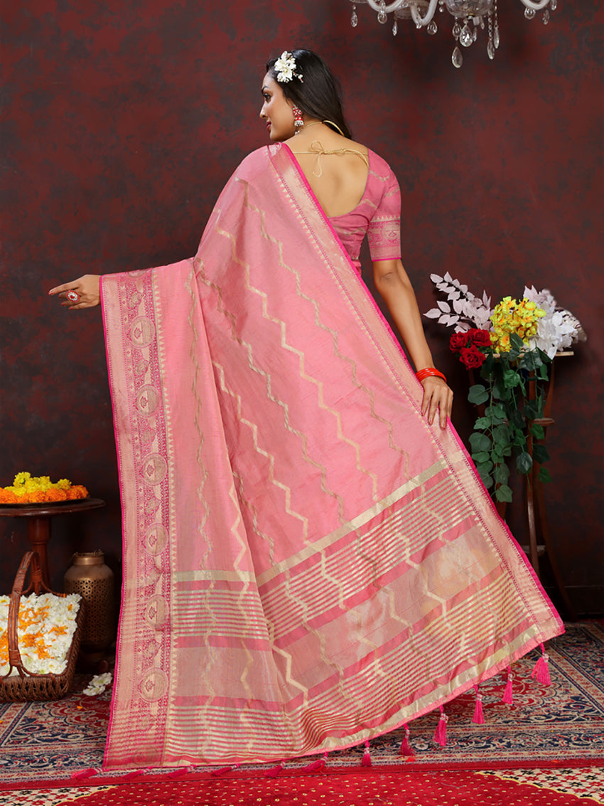 Lorenvalley Fashion Pink Soft Katan Silk Woven Design Zari Weaving Pallu Saree | Grocsy
