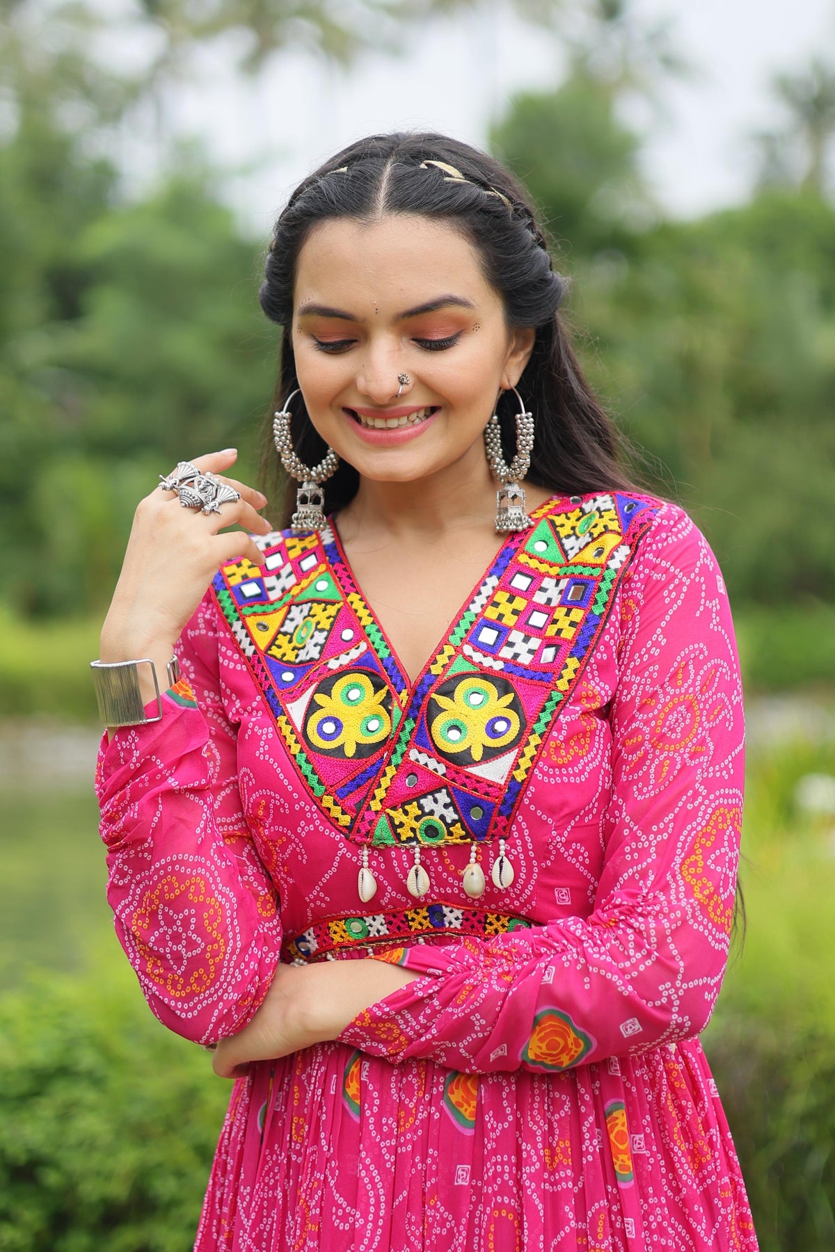 Lorenvalley Pink Faux Georgette Bandhani Print Work With Kutchi Patch Work Gown | Grocsy