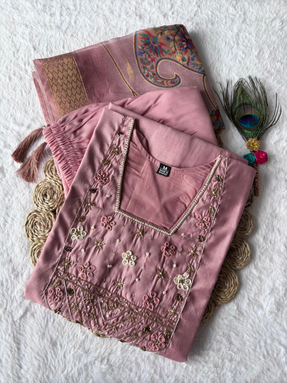 Lorenvalley Fashion Pink Roman Silk Hand Work Kurta Pant with Dupatta | Grocsy