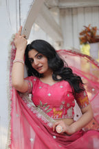 Lorenvalley Pink Gold Coin Fabric with Sequins and Thread Embroidered work Lehenga Choli with Dupatta | Grocsy