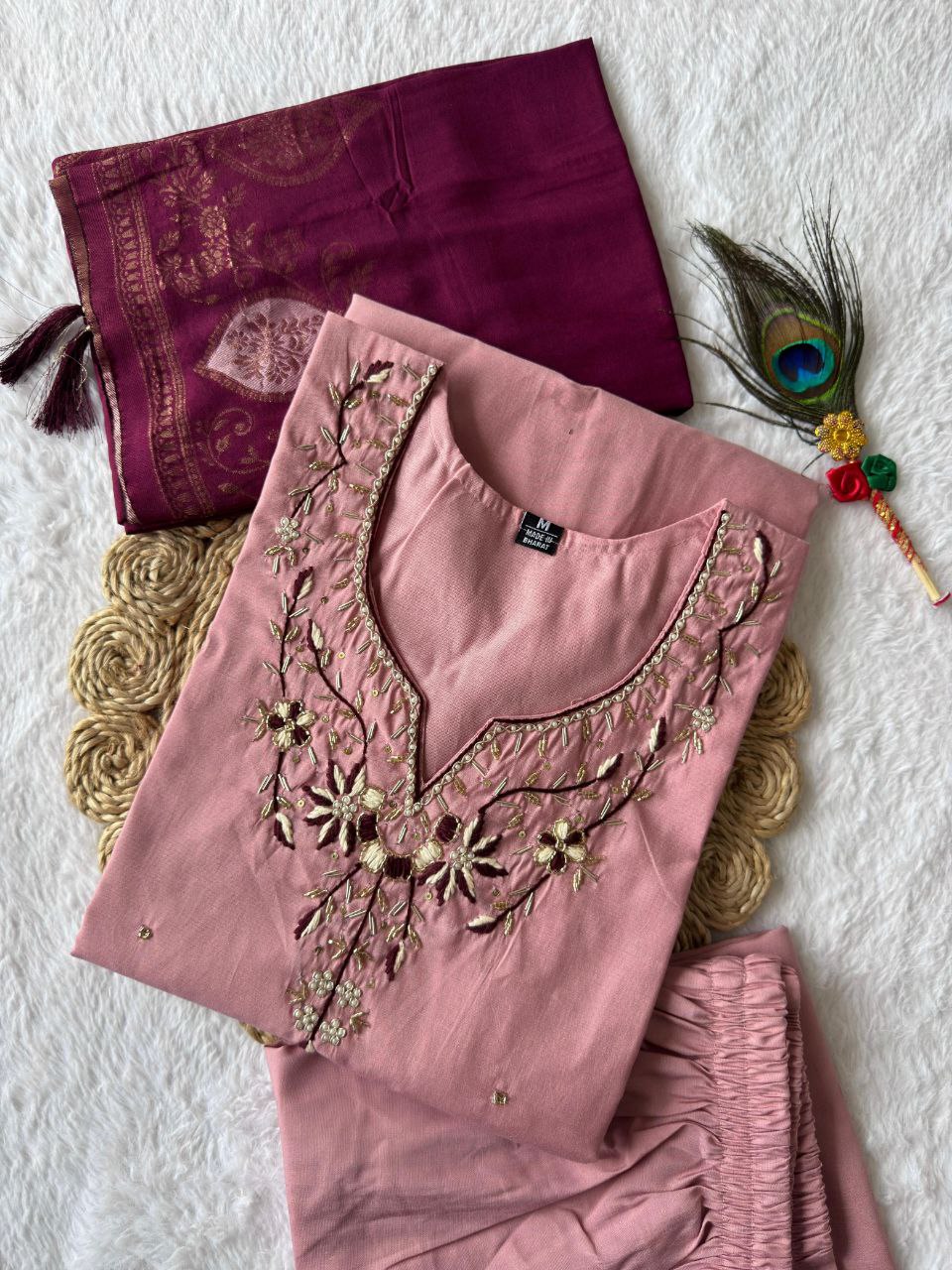 Lorenvalley Fashion Pink Roman Silk Hand Work Kurta Pant with Dupatta | Grocsy