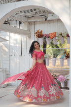 Lorenvalley Pink Gold Coin Fabric with Sequins and Thread Embroidered work Lehenga Choli with Dupatta | Grocsy