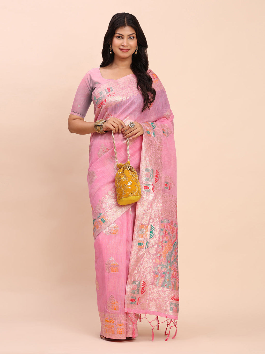 Anaita Pink Linen Woven Work Saree With Blouse | Grocsy