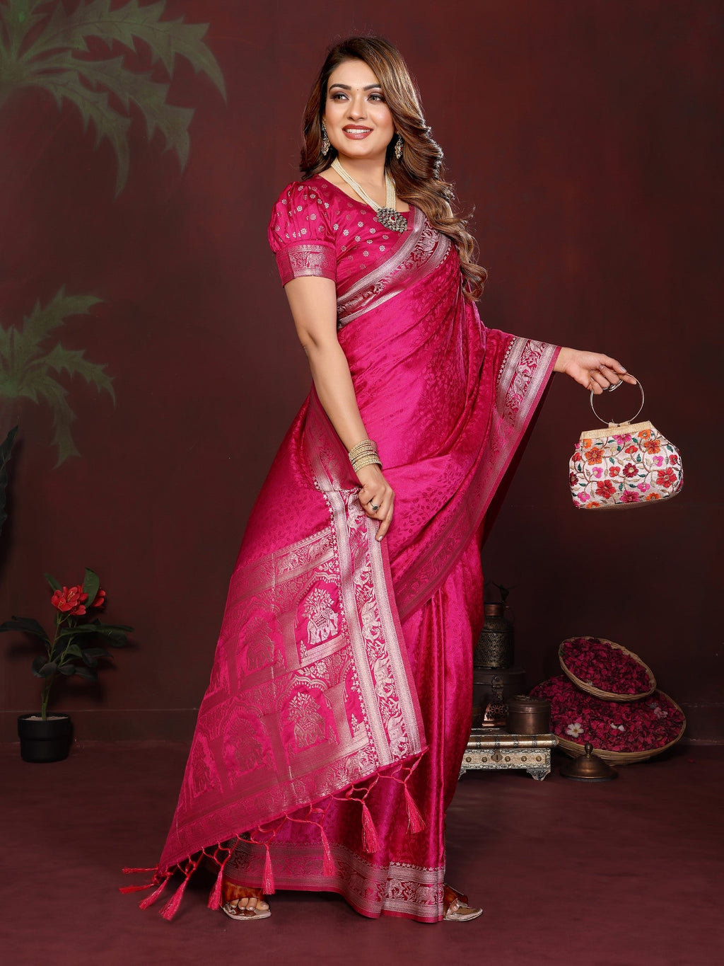 Anaita Pink Zari Weaving Work Satin Silk Saree With Blouse | Grocsy
