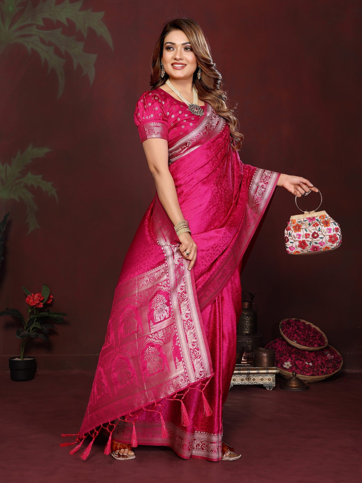 Anaita Pink Zari Weaving Work Satin Silk Saree With Blouse | Grocsy