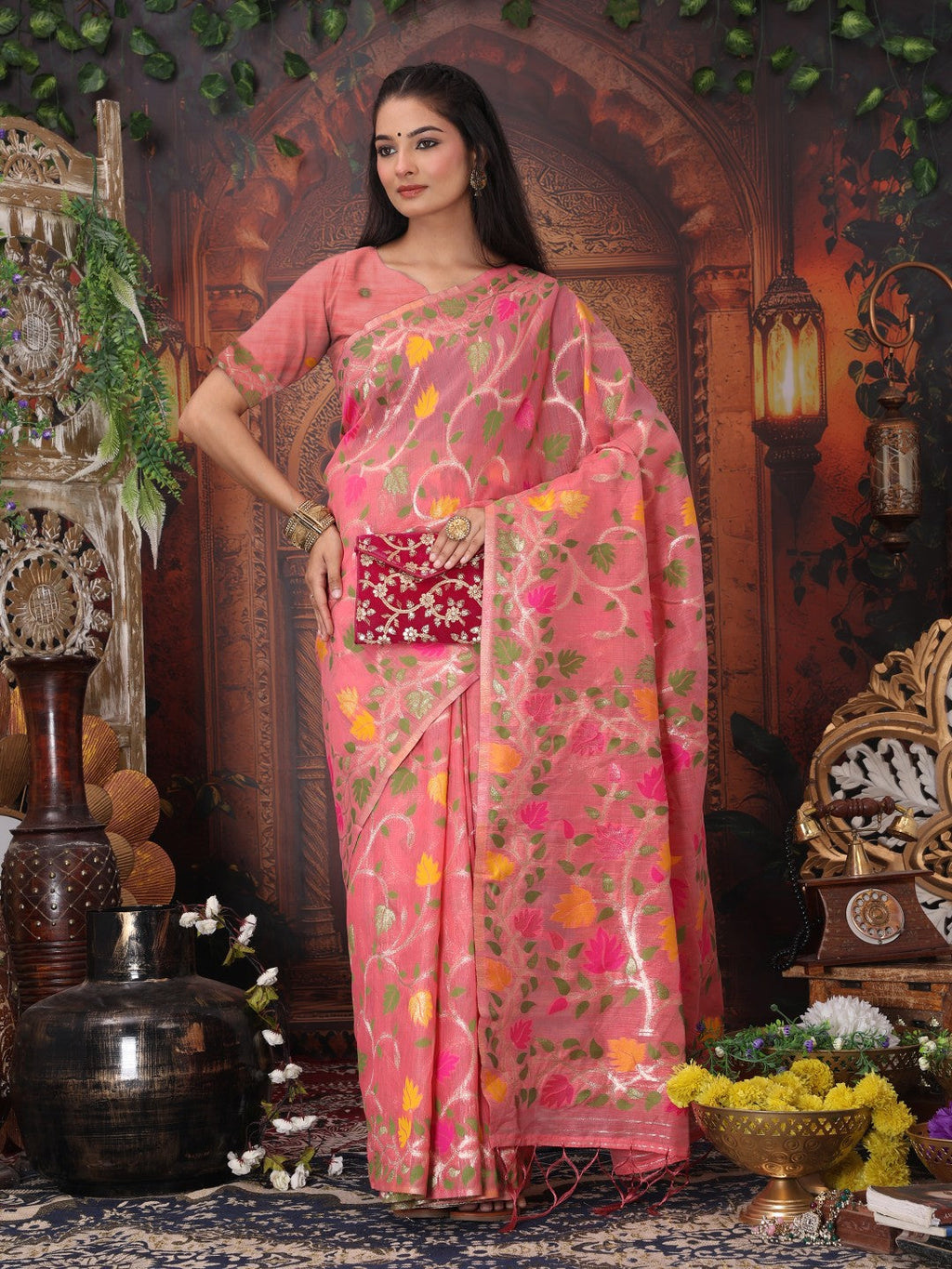 Anaita Pink Linen Printed Saree With Blouse | Grocsy
