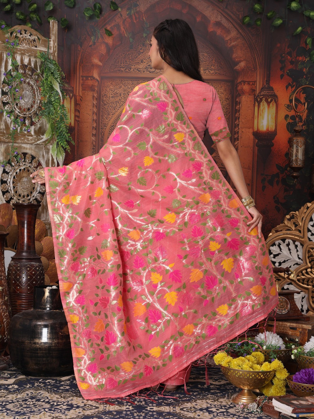Anaita Pink Linen Printed Saree With Blouse | Grocsy