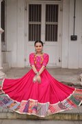 Lorenvalley Fashion Pink Roman Silk with Thread with mirror work & Maslin Crochet Print Work Gown | Grocsy