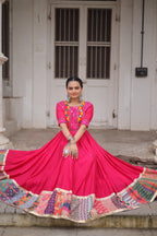 Lorenvalley Fashion Pink Roman Silk with Thread with mirror work & Maslin Crochet Print Work Gown | Grocsy