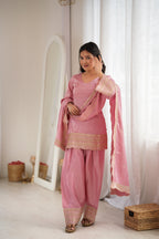 Lorenvalley Fashion Pink Glass Roman Silk with Embroidery Sequence Dori and Jari Work Kurta Farshi Salwar with Dupatta | Grocsy