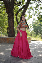 Lorenvalley Pink Premium Rayon Lehenga with Georgette Embroidered Traditional Thread work Choli | Grocsy
