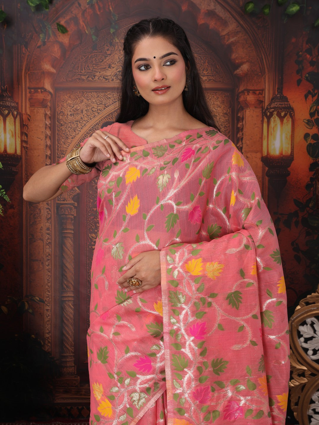 Anaita Pink Linen Printed Saree With Blouse | Grocsy
