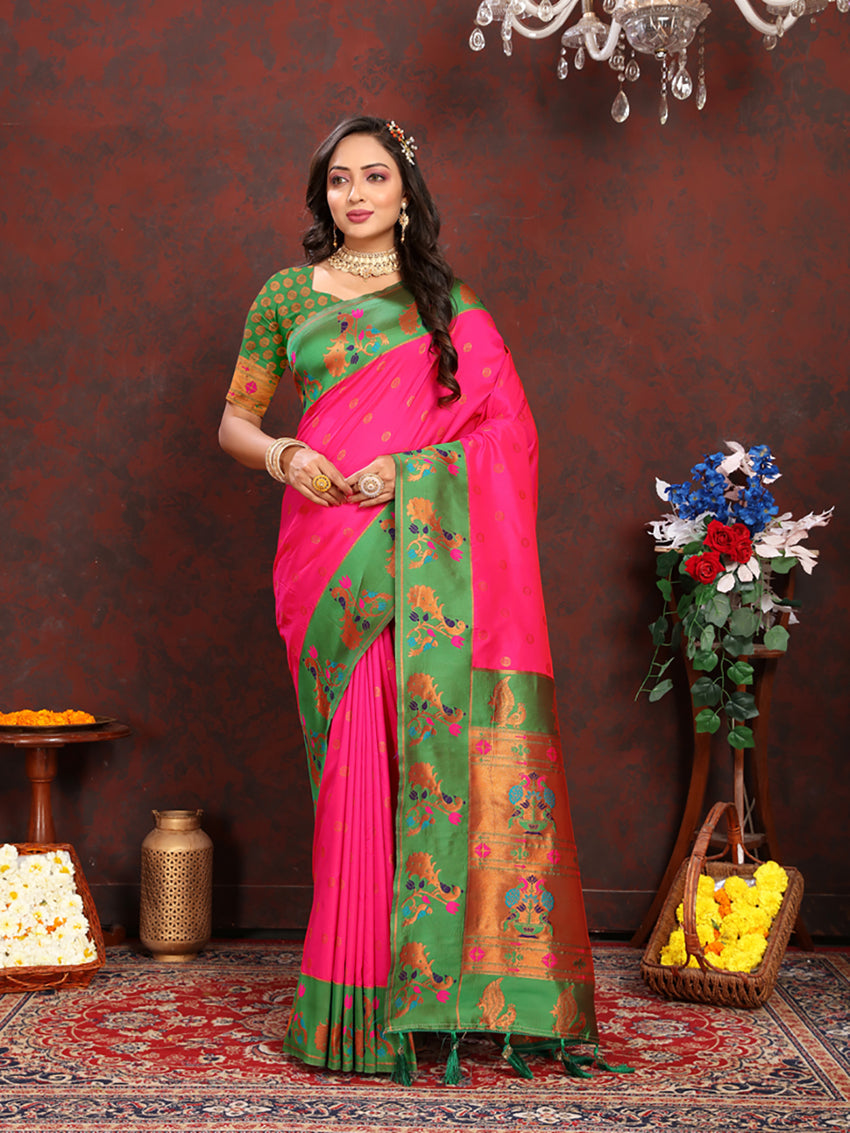 Lorenvalley Fashion Pink Soft Paithani Silk Woven Design Rich Zari Meenakari Weaving Saree | Grocsy