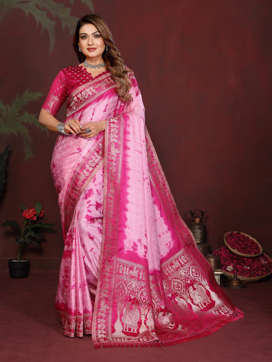 Anaita Pink Zari Weaving Work Satin Silk Saree With Blouse | Grocsy