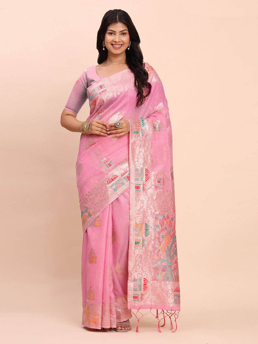 Anaita Pink Linen Woven Work Saree With Blouse | Grocsy