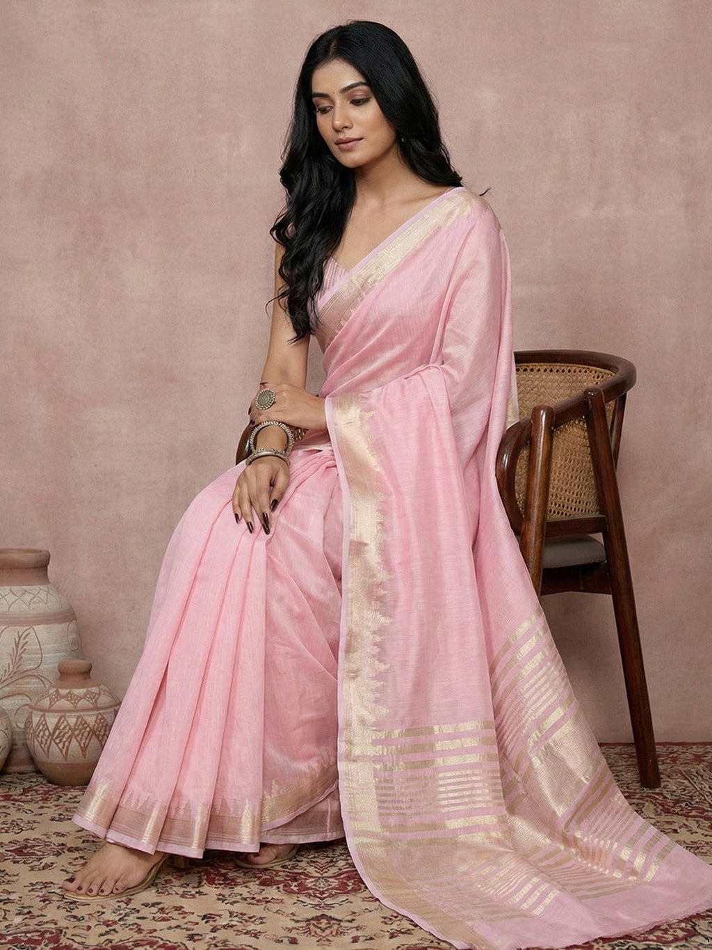 Anaita Pink Cotton Saree With Blouse | Grocsy