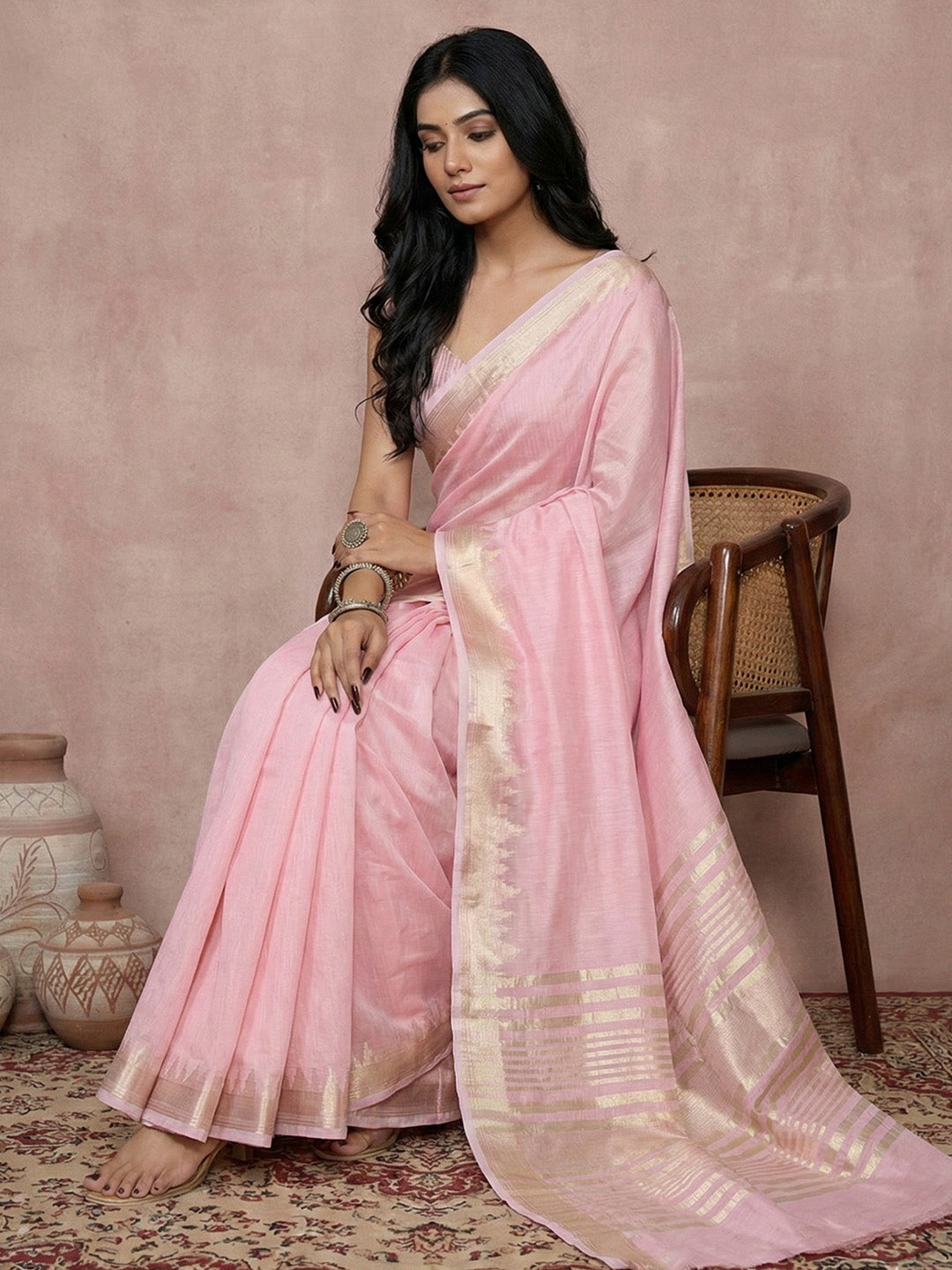 Anaita Pink Cotton Saree With Blouse | Grocsy